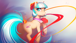 Size: 2500x1415 | Tagged: safe, artist:antiander, imported from derpibooru, coco pommel, earth pony, pony, abstract background, butt, color porn, featured image, featureless crotch, female, flower, grin, looking back, mouth hold, needle, photoshop, plot, raised hoof, ribbon, smiling, solo, tail wrap, unshorn fetlocks