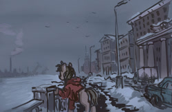 Size: 1024x666 | Tagged: safe, artist:agm, imported from derpibooru, earth pony, pony, butt, car, city, cityscape, clothes, plot, russia, saint petersburg, snow, winter