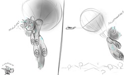 Size: 1242x752 | Tagged: safe, artist:alloyrabbit, imported from derpibooru, oc, oc only, oc:alloy, oc:orchid, kaiju, kaiju pony, pony, robot, 2 panel comic, adventure, comic, fulton surface-to-air recovery system, giant pony, macro, plane, sketch