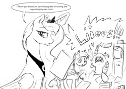 Size: 1280x904 | Tagged: safe, artist:silfoe, imported from derpibooru, princess luna, twilight sparkle, oc, oc:evening melody, bat pony, pony, royal sketchbook, blatant lies, court, dialogue, file, glowing horn, grayscale, lies, looking at you, magic, monochrome, paper, screaming, telekinesis