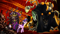 Size: 1024x576 | Tagged: safe, artist:eztp, imported from derpibooru, spike, twilight sparkle, oc, alicorn, cyborg, pony, fanfic:iron hearts, angry, armor, augmented, chaos, clothes, commission, crossover, dark mechanicus, fanfic art, female, heresy, junkyard, mare, robe, robotic arm, servo arm, servo skull, techpriest, twilight sparkle (alicorn), warhammer (game), warhammer 40k, xenerite