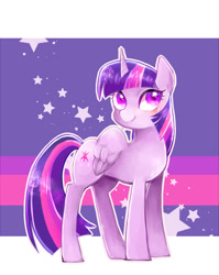 Size: 550x690 | Tagged: safe, artist:sibashen, imported from derpibooru, twilight sparkle, alicorn, pony, abstract background, colored pupils, female, looking at you, smiling, solo, stars, twilight sparkle (alicorn)