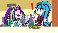 Size: 1366x768 | Tagged: safe, artist:ponut_joe, imported from derpibooru, aria blaze, sonata dusk, equestria girls, abuse, exclamation point, food, sonatabuse, taco, taco hell, this will end in tears and/or death, youtube link