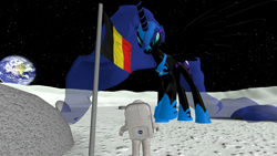 Size: 1920x1080 | Tagged: safe, artist:pooplozaic, imported from derpibooru, nightmare moon, human, pony, 3d, astronaut, belgian flag, earth, flag, flag pole, giant pony, giantess, luna and the nauts, macro, moon