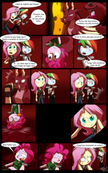 Size: 1024x1638 | Tagged: safe, artist:fj-c, imported from derpibooru, fluttershy, pinkie pie, rainbow dash, fairy, equestria girls, belly button, clothes, comic, dialogue, fantasy equestria, midriff, skirt, spanish, upside down