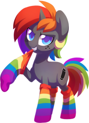 Size: 792x1091 | Tagged: safe, artist:dawnfire, imported from derpibooru, oc, oc only, oc:krylone, clothes, colored pupils, male, mouth hold, rainbow hair, rainbow socks, simple background, socks, solo, stallion, striped socks, transparent background