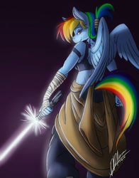 Size: 1006x1280 | Tagged: safe, artist:thebigbadwolf01, imported from derpibooru, rainbow dash, anthro, bandage, clothes, commission, crossover, female, lightsaber, looking at you, looking back, looking back at you, midriff, rey, smiling, solo, star wars, weapon