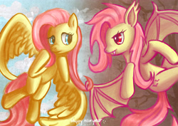 Size: 4961x3508 | Tagged: safe, artist:seer45, imported from derpibooru, fluttershy, bat pony, pony, duality, duo, flutterbat, looking at each other