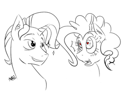 Size: 1000x800 | Tagged: safe, imported from derpibooru, pinkie pie, rarity, elusipie, elusive, female, half r63 shipping, heart eyes, lineart, male, raripie, rule 63, shipping, sketch, sparkles, straight, wingding eyes
