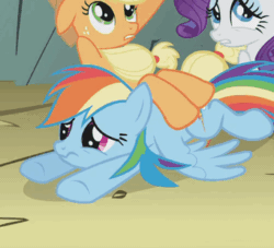 Size: 341x309 | Tagged: safe, imported from derpibooru, screencap, applejack, rainbow dash, rarity, dragonshy, animated, animation error, cute, dashabetes, female, gif, layering error, layering fail