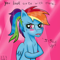 Size: 1889x1889 | Tagged: safe, artist:jj-snake, imported from derpibooru, rainbow dash, blushing, cute, female, glasses, i'm not cute, ponytail, solo, tsunderainbow