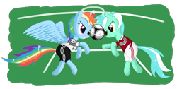 Size: 1880x948 | Tagged: safe, artist:isegrim87, imported from derpibooru, lyra heartstrings, rainbow dash, pony, football, germany