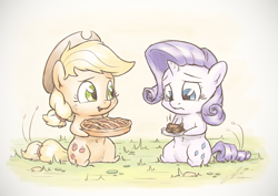 Size: 1440x1018 | Tagged: safe, artist:assasinmonkey, imported from derpibooru, part of a set, applejack, rarity, apples & gems calendar, chibi, female, food, lesbian, pie, rarijack, shipping