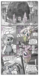 Size: 665x1283 | Tagged: safe, artist:pencils, imported from derpibooru, limestone pie, marble pie, oc, oc:anon, oc:mascara maroon, earth pony, human, pony, comic:anon's pie adventure, backbend, bandaid, comic, female, geode, human male, male, mare, monochrome, patient, scrunchy face, stonehenge, unconscious, upside down
