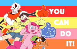 Size: 1921x1236 | Tagged: safe, artist:kelcasual, imported from derpibooru, pinkie pie, bipedal, crossover, crossover nexus, foam finger, jyuushimatsu, osomatsu-san, papyrus (undertale), thumbs up, undertale, wander (wander over yonder), wander over yonder