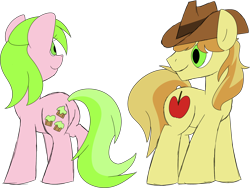 Size: 1560x1171 | Tagged: dead source, safe, artist:taaffeiite, deleted from derpibooru, imported from derpibooru, braeburn, red gala, apple family member, background pony, female, looking at each other, male, mare, simple background, stallion, transparent background