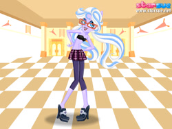 Size: 800x600 | Tagged: safe, imported from derpibooru, screencap, sugarcoat, equestria girls, friendship games, bandeau, black underwear, bra, clothes, female, glasses, high heels, leggings, midriff, open clothes, partial nudity, pigtails, school uniform, skirt, solo, starsue, topless, underwear, undressing