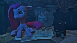 Size: 1600x900 | Tagged: safe, artist:hellhounds04, imported from derpibooru, pinkie pie, earth pony, pony, 3d, crying, feels, female, homeless, newspaper, pinkamena diane pie, sad, solo, source filmmaker, trash can