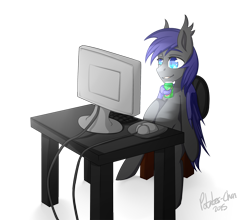 Size: 995x876 | Tagged: safe, artist:potates-chan, imported from derpibooru, oc, oc only, oc:au hasard, bat pony, pony, bat pony oc, chair, computer, computer mouse, food, keyboard, monitor, mountain dew, simple background, sitting, slit eyes, slit pupils, solo, transparent background