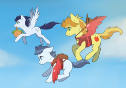 Size: 1280x902 | Tagged: safe, artist:sinclair2013, imported from derpibooru, braeburn, shady daze, soarin', earth pony, pegasus, pony, artificial wings, augmented, backpack, clothes, cloud, colt, commission, fake wings, family, father, father and son, flying, implied gay, magical gay spawn, offspring, parent:braeburn, parent:soarin', parents:soarburn, picnic basket, shipping, sky, soarburn, vest, wings