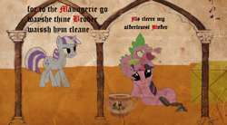 Size: 1280x707 | Tagged: safe, artist:bonesoup, imported from derpibooru, twilight sparkle, twilight velvet, comic:the tales of canterlot, comic, middle english, stylistic suck