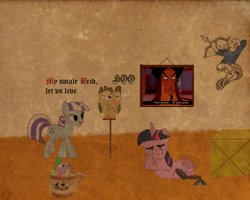 Size: 1280x1024 | Tagged: safe, artist:bonesoup, imported from derpibooru, owlowiscious, spike, twilight sparkle, twilight velvet, comic:the tales of canterlot, aladdin, comic, jafar, middle english, stylistic suck