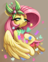 Size: 784x1006 | Tagged: safe, artist:sunbusting, imported from derpibooru, fluttershy, butterfly, pegasus, pony, barrette, bust, female, hair accessory, holding, hoof on chest, lidded eyes, looking away, solo