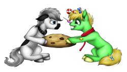 Size: 5120x2880 | Tagged: safe, artist:lupiarts, imported from derpibooru, oc, oc only, oc:snoopy stallion, oc:sugar high, earth pony, pony, absurd resolution, candy, candy cane, colt, cookie, cute, eyes on the prize, fight, floppy ears, fluffy, food, frown, giant cookie, glare, grin, lollipop, male, pulling, simple background, sitting, smiling, squee, transparent background, tug of war, unshorn fetlocks