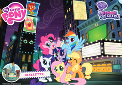 Size: 1033x725 | Tagged: safe, imported from derpibooru, applejack, fluttershy, pinkie pie, rainbow dash, rarity, twilight sparkle, earth pony, pegasus, pony, unicorn, applejack's hat, billboard, bridleway, cats (musical), cowboy hat, explore equestria, female, hat, mane six, mane six opening poses, manehattan, mare, misspelling, my little pony logo, night, official, one eye closed, unicorn twilight, wink, winking at you, wonderbolts poster