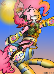 Size: 762x1048 | Tagged: safe, artist:brony-f, artist:lennonblack, imported from derpibooru, pinkie pie, arm warmers, belly button, clothes, crossover, female, midriff, podracing, socks, solo, star wars, straw, sun