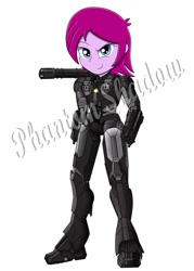 Size: 755x1057 | Tagged: safe, artist:phantomshadow051, imported from derpibooru, fuchsia blush, equestria girls, rainbow rocks, background human, crossover, female, iron man, solo, war machine, watermark