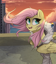 Size: 1024x1158 | Tagged: safe, artist:shellydreams, imported from derpibooru, fluttershy, city, cityscape, clothes, concrete, evening, female, jacket, solo, spread wings, standing, windswept mane