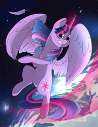 Size: 1400x1800 | Tagged: safe, artist:shellydreams, imported from derpibooru, twilight sparkle, alicorn, pony, feather, female, magic, mare, solo, space, twilight sparkle (alicorn)