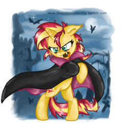 Size: 719x740 | Tagged: safe, artist:vago-xd, imported from derpibooru, part of a set, sunset shimmer, bat, pony, unicorn, vampire, blood, cape, castle, clothes, female, graveyard, nightmare night, noose, solo, vampirism