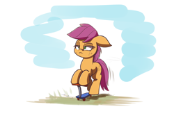 Size: 1280x853 | Tagged: safe, artist:heir-of-rick, imported from derpibooru, scootaloo, daily apple pony, annoyed, female, floppy ears, frown, grumpy, raised eyebrow, recolor, scooter, solo, unamused, unhappy