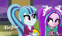 Size: 1024x599 | Tagged: dead source, safe, artist:breezyblueyt, imported from derpibooru, aria blaze, sonata dusk, equestria girls, duo, duo female, fake screencap, female, food, hasbro studios, i can't believe it's not hasbro studios, taco