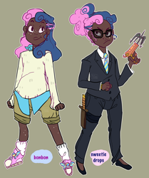 Size: 1000x1199 | Tagged: safe, artist:stevetwisp, imported from derpibooru, bon bon, sweetie drops, human, badass, clothes, converse, cute, dark skin, duality, freckles, glasses, grappling hook, gun, humanized, necktie, secret agent sweetie drops, shoes, suit, weapon