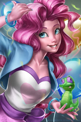 Size: 800x1200 | Tagged: safe, artist:imdrunkontea, imported from derpibooru, gummy, pinkie pie, alligator, equestria girls, balloon, clothes, female, looking at you, nail polish, realistic, solo