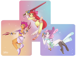 Size: 1280x958 | Tagged: dead source, safe, artist:skirtzzz, imported from derpibooru, part of a set, apple bloom, scootaloo, sweetie belle, human, blade, crossover, cutie mark crusaders, dressphere, final fantasy, final fantasy x-2, gun, gunner, humanized, midriff, pony coloring, small wings, sword, thief, warrior, weapon, wings