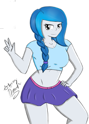 Size: 3008x4200 | Tagged: safe, artist:stormy-draws, imported from derpibooru, oc, oc only, oc:bubble lee, human, belt, clothes, humanized, midriff, miniskirt, ponytail, side ponytail, simple background, skirt, solo, transparent background