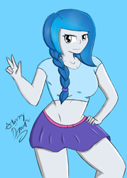 Size: 3008x4200 | Tagged: safe, artist:stormy-draws, edit, imported from derpibooru, oc, oc only, oc:bubble lee, human, belt, breasts, cleavage, clothes, female, humanized, humanized oc, midriff, miniskirt, ponytail, side ponytail, skirt, solo