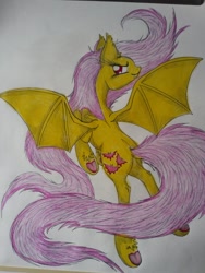 Size: 1024x1365 | Tagged: safe, artist:penkatshi, imported from derpibooru, fluttershy, bat pony, pony, female, flutterbat, flying, looking at you, looking back, rear view, red eyes, simple background, solo, spread wings, traditional art, underhoof