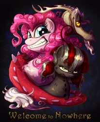 Size: 2800x3400 | Tagged: safe, artist:pimander1446, imported from derpibooru, discord, pinkie pie, oc, oc:squeaky pitch, poster