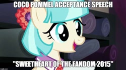 Size: 888x499 | Tagged: safe, edit, imported from derpibooru, screencap, coco pommel, made in manehattan, 2015, cute, female, image macro, meme, solo, text