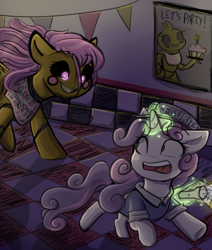 Size: 1100x1300 | Tagged: safe, artist:askfluttershypsycho, artist:spikedmauler, imported from derpibooru, fluttershy, sweetie belle, pony, unicorn, chase, chica, chicashy, collaboration, crossover, duo, five nights at freddy's, flashlight (object), floppy ears, flutterchica, glowing eyes, grin, levitation, looking back, magic, open mouth, running, scared, screaming, smiling, telekinesis, wide eyes