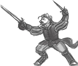 Size: 900x762 | Tagged: safe, artist:velgarn, imported from derpibooru, anthro, earth pony, duelist, fantasy, fencer, male, moustache, rapier, rpg, seeds of harmony, sketch, solo, stiletto, sword, weapon, weapon master