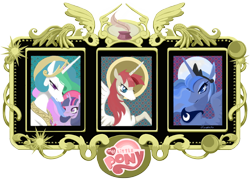 Size: 1600x1164 | Tagged: safe, artist:hinoraito, imported from derpibooru, princess celestia, princess luna, twilight sparkle, oc, oc:fausticorn, alicorn, pony, alicorn oc, church, faust worship, frame, goddess, icon, lauren faust, my little pony logo, nimbus, religion, simple background, transparent background, trinity