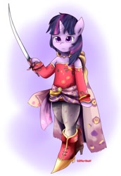 Size: 741x1077 | Tagged: safe, artist:pika-chany, imported from derpibooru, twilight sparkle, pony, bipedal, crossover, female, final fantasy, final fantasy vi, sash, solo, sword, terra branford, weapon