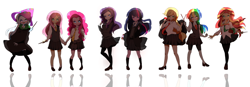 Size: 5000x1738 | Tagged: safe, artist:lotte, imported from derpibooru, applejack, fluttershy, pinkie pie, rainbow dash, rarity, sunset shimmer, trixie, twilight sparkle, human, alternate mane seven, backlighting, clothes, compression shorts, dress, gryffindor, harry potter, harry potter (series), hogwarts, hufflepuff, humanized, line-up, mane six, miniskirt, moe, pleated skirt, ravenclaw, school uniform, schoolgirl, shoes, shorts, skirt, skirt lift, slytherin, socks, wand