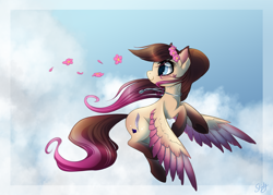 Size: 1280x914 | Tagged: safe, artist:skjolty, imported from derpibooru, oc, oc only, oc:sapphire feather, cloud, flower, flying, solo